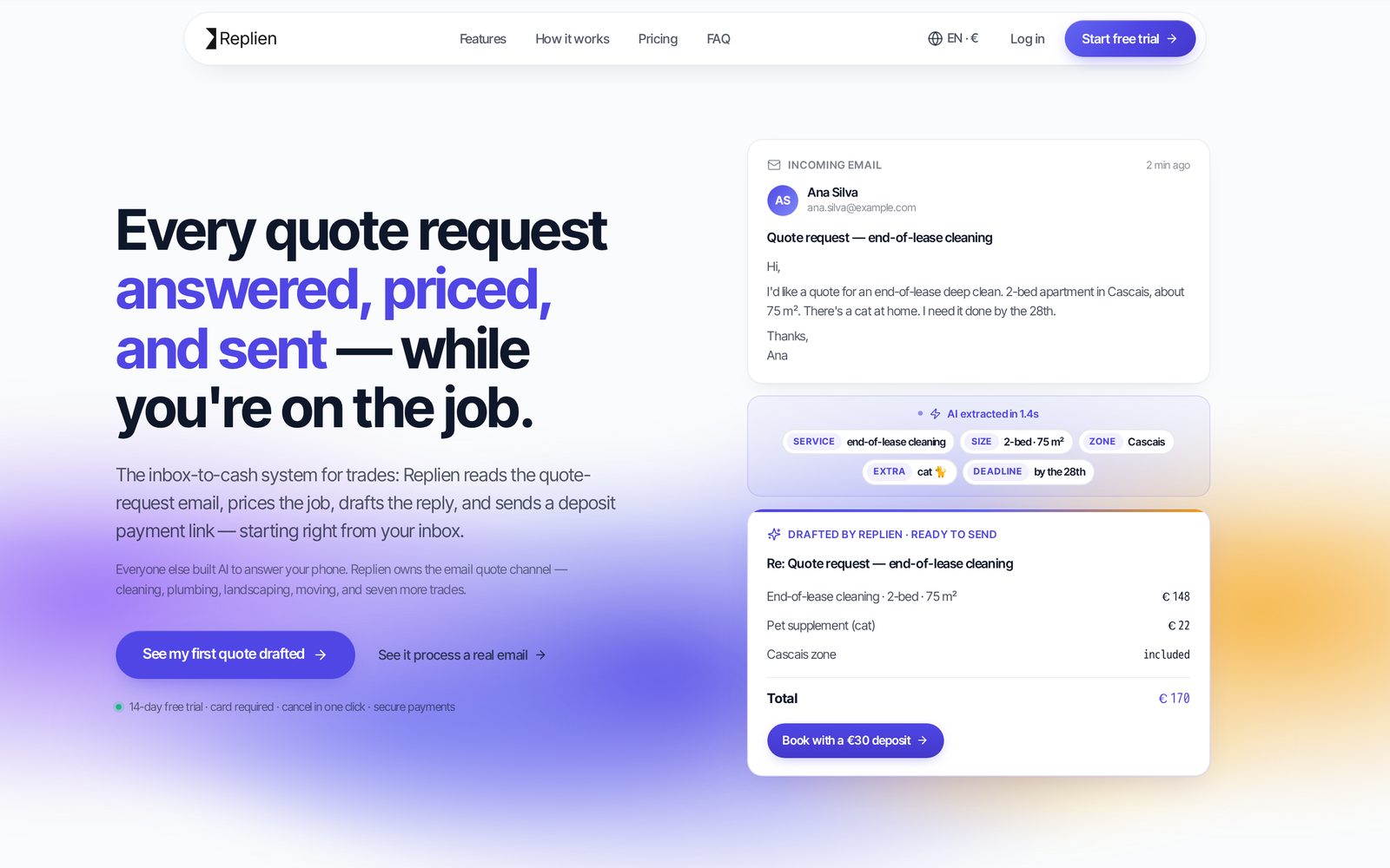 The Replien landing page: an incoming quote request on the right, the details the software pulled out of it, and the priced reply it drafted.